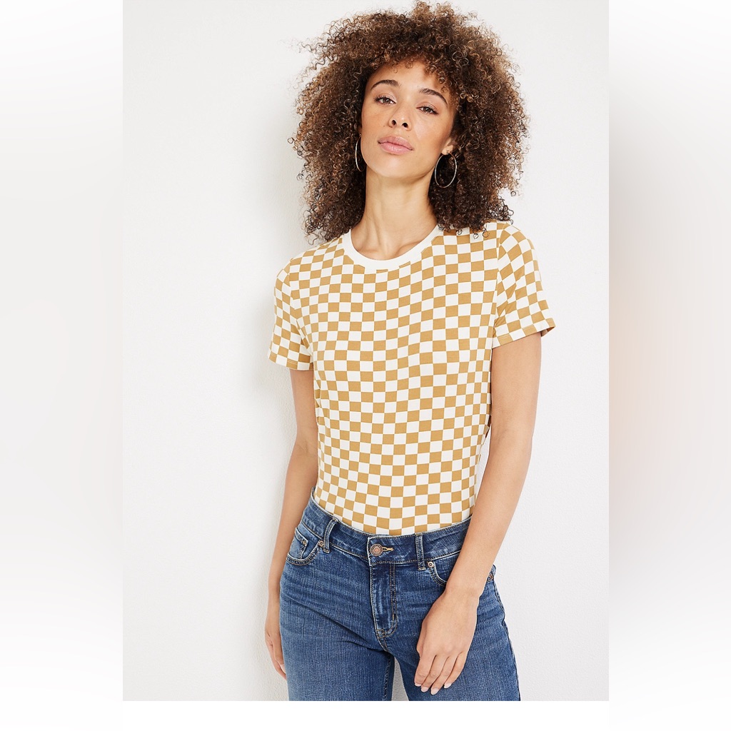 Maurices Nwt Checkered Tan And White Women's Top